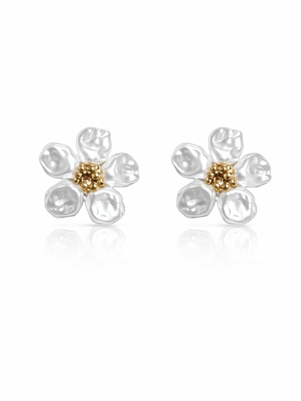 Pearl-Effect White Flower Stud Earrings with Gold Center